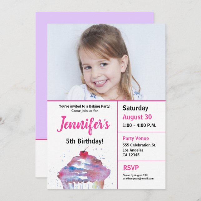5th birthday cupcake baking party photo invitation (Front/Back)