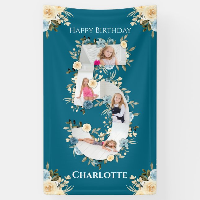 5th Birthday Flower Teal Photo Collage Blue Yellow Banner (Vertical)