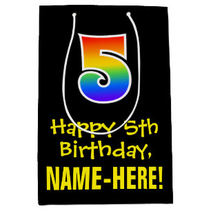 5th Birthday: Fun, Bold, Colourful, Rainbow "5" Medium Gift Bag