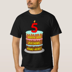 5th Birthday — Fun Cake & Candle, w/ Custom Name T-Shirt