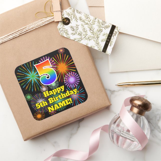5th Birthday: Fun Fireworks Look, Rainbow # 5 Square Sticker (Gifting)