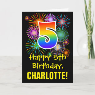 5th Birthday: Fun Fireworks Pattern + Rainbow 5 Card