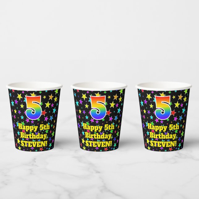 5th Birthday: Fun Stars Pattern and Rainbow 5 Paper Cups (Multi)