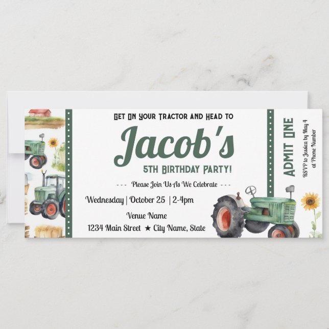 5th Birthday Get Your Tractor Ticket Invitation (Front)