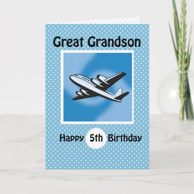 5th Birthday, Great Grandson, Airplane on Blue Card (Front)