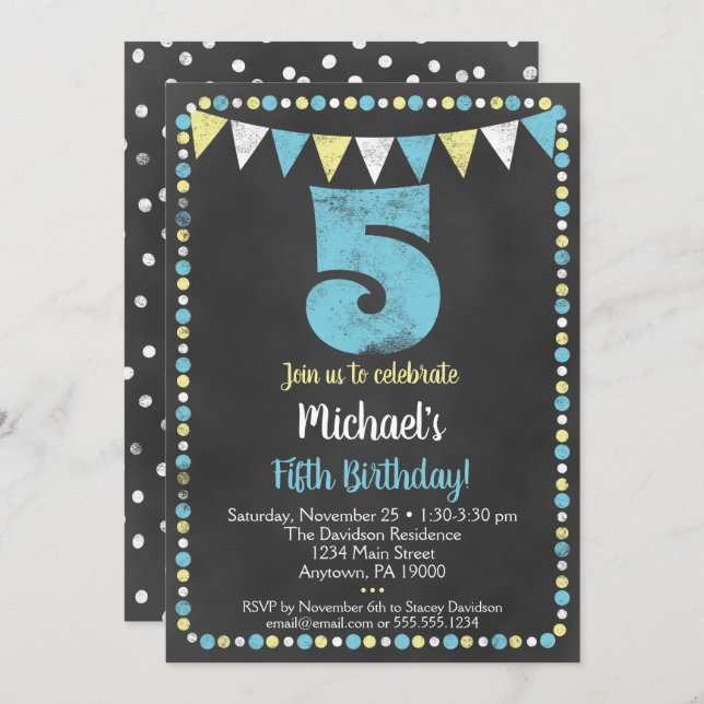 5th Birthday Invitation Blue Yellow Chalkboard  (Front/Back)