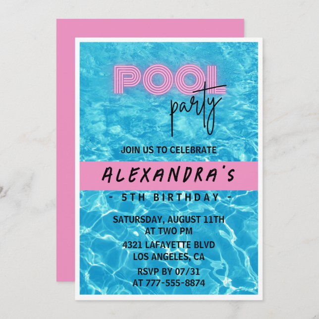 5th birthday invitation for her Pool Party Summer (Front/Back)