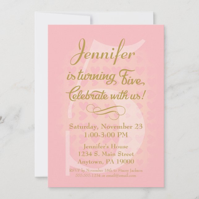 5th Birthday Invitation Girls Pink Gold Hearts (Front)