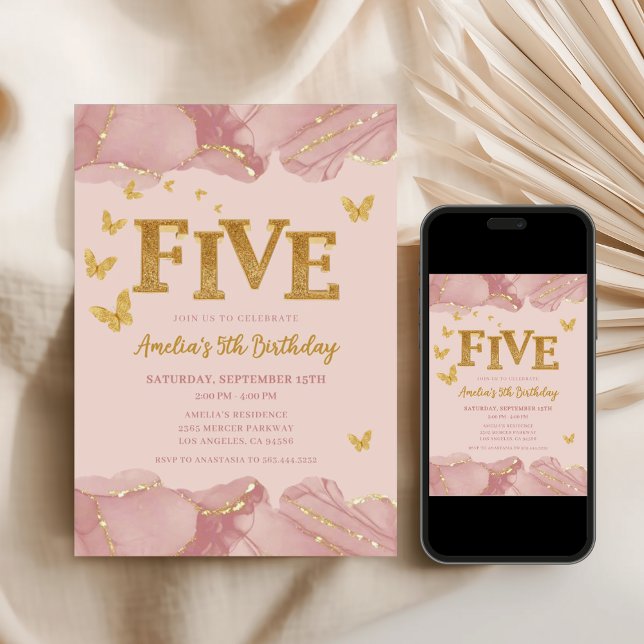 5th Birthday Invitation Pink Gold Glitter Girl (Creator Uploaded)