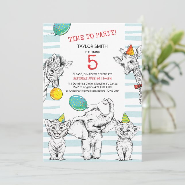 5th birthday invitation with funny cute animal. (Standing Front)