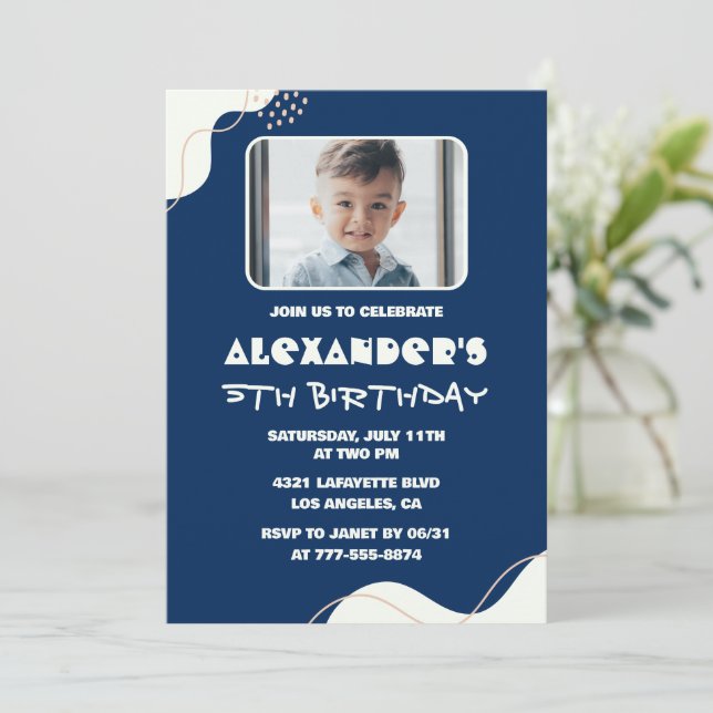 5th birthday invitations Boy Photo Simple Navy  (Standing Front)