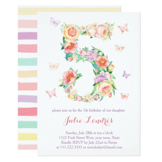 5th Birthday Invitations for Girl with Butterflies