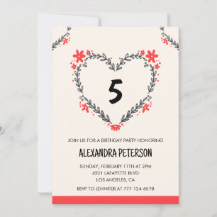 5th birthday invitations for her floral heart