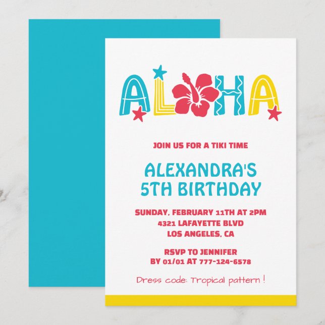 5th birthday invitations Tropical Aloha Hawaiian (Front/Back)
