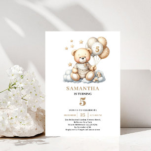 5th Birthday Invite Teddy Bear Gold Ivory Balloons