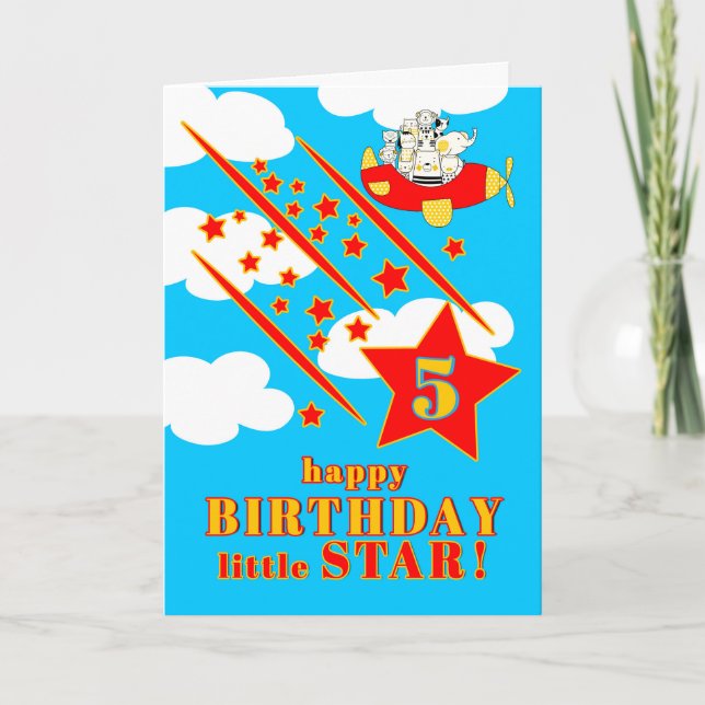 5th Birthday Little Star Cute Animals in a Plane Card (Front)