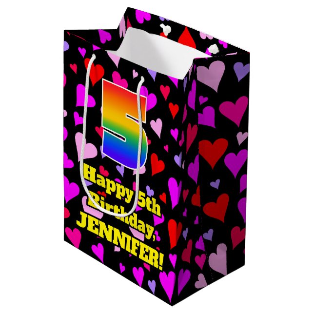 5th Birthday: Loving Hearts Pattern, Rainbow # 5 Medium Gift Bag (Front Angled)