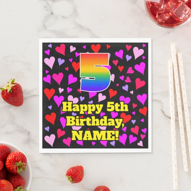 5th Birthday: Loving Hearts Pattern, Rainbow # 5 Napkin (Insitu)