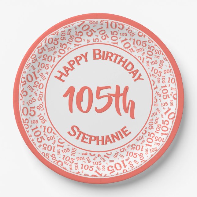 5th Birthday Modern Number Pattern Coral/White Paper Plate (Front)
