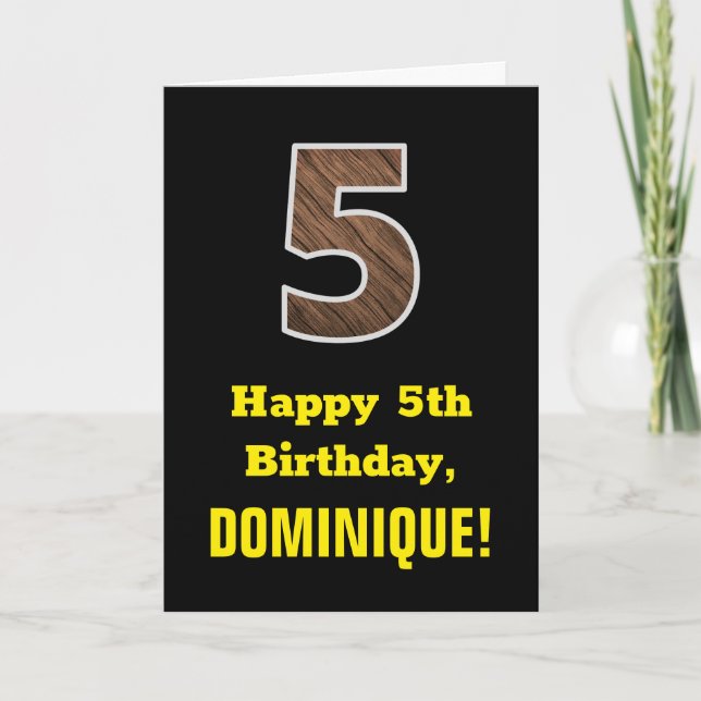5th Birthday: Name, Faux Wood Grain Pattern "5" Card (Front)