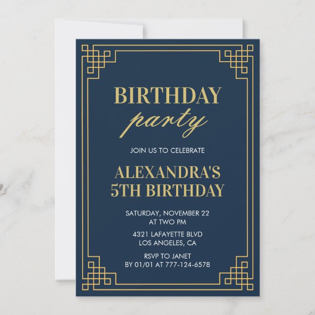 5th Birthday Party Invitation Girl Navy Gold (Front)