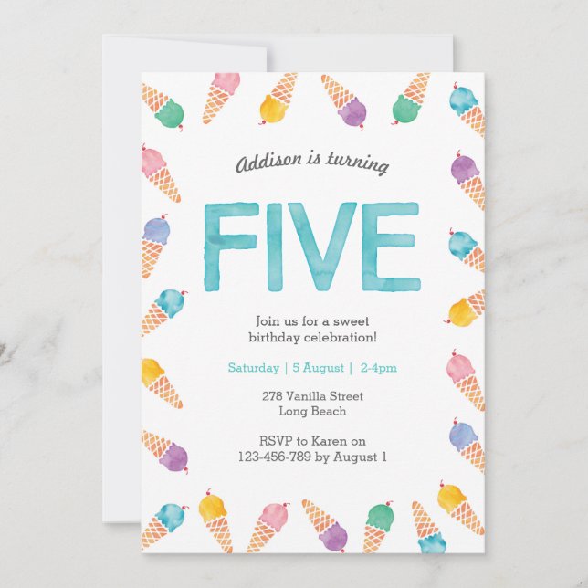 5th Birthday Party | Rainbow Ice cream invitation (Front)