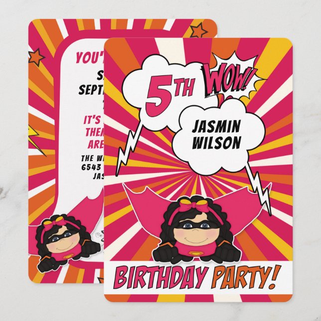 5th Birthday Party Superhero Pink Comic for Girls Invitation (Front/Back)