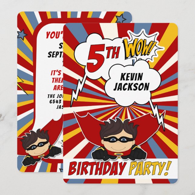 5th Birthday Party Superhero Red Comic for Boys Invitation (Front/Back)