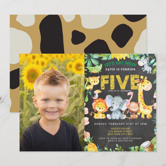 5th Birthday Party Zoo Jungle Animals Boy Photo Invitation (Front/Back)