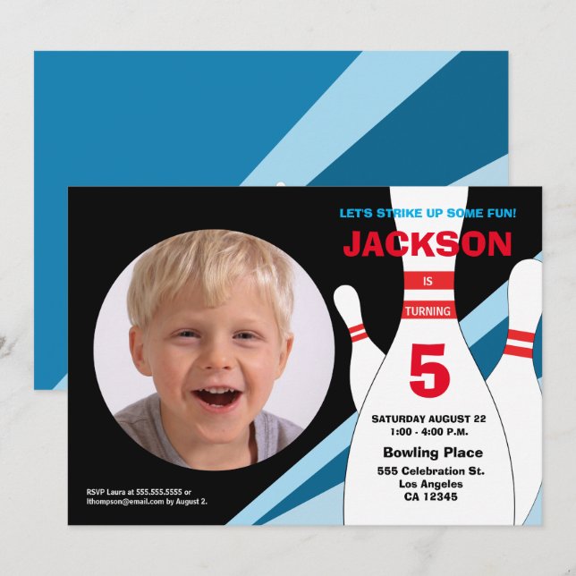 5th birthday photo bowling party blue red yellow invitation (Front/Back)