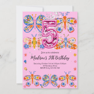 5th Birthday Pink Butterfly Invitation