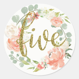 5th Birthday Pink Gold Floral Wreath Sticker