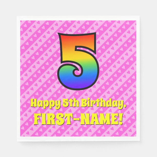5th Birthday: Pink Stripes & Hearts, Rainbow # 5 Napkin (Front)