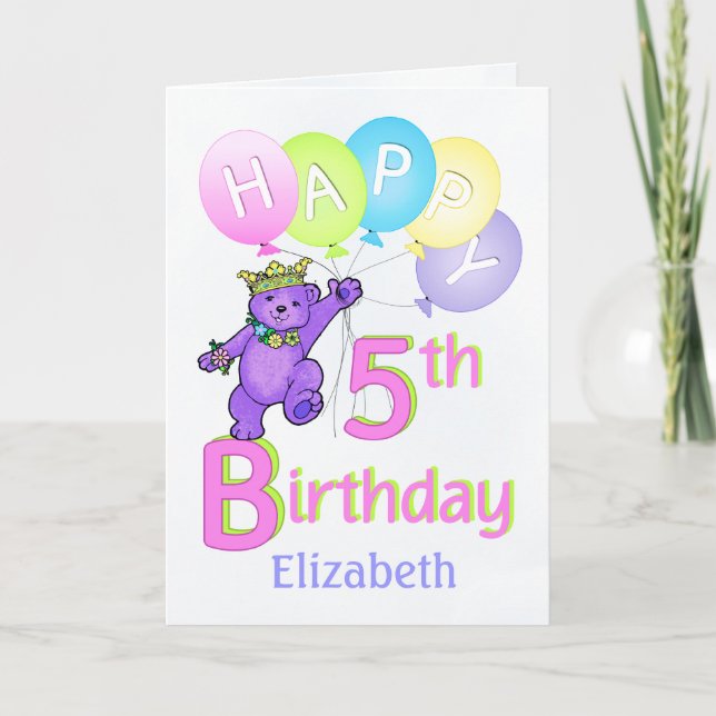 5th Birthday Princess Bear, Custom Name Card (Front)