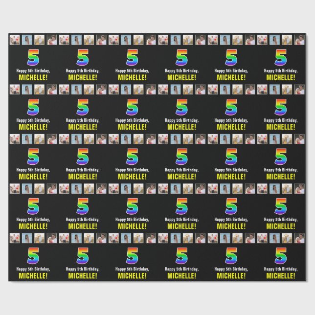 5th Birthday: Rainbow “5“; Custom Photos & Name Wrapping Paper (Flat)