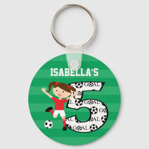 5th Birthday Red and White Soccer Girl 1 Keychain