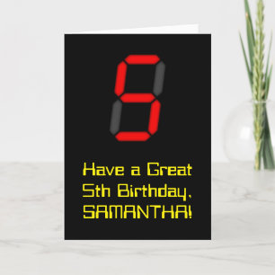 5th Birthday: Red Digital Clock Style "5" + Name Card