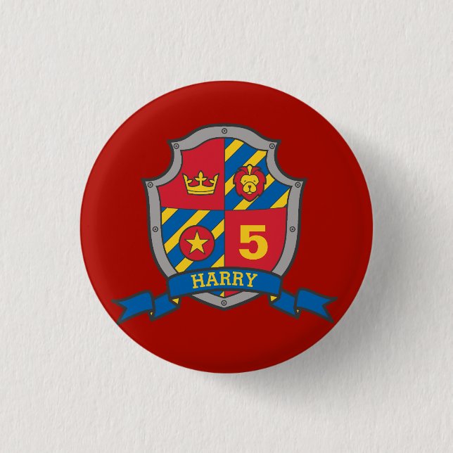 5th Birthday red yellow knights shield age button (Front)