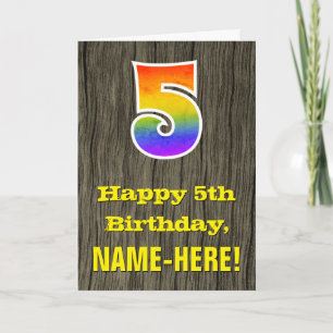 5th Birthday: Rustic Faux Wood Look, Rainbow "5" Card