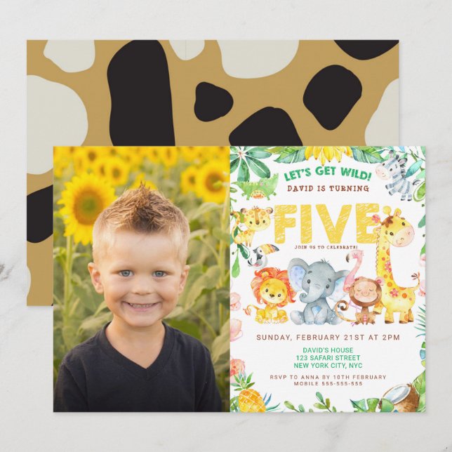 5th Birthday Safari Jungle Animals Boy Picture Invitation (Front/Back)