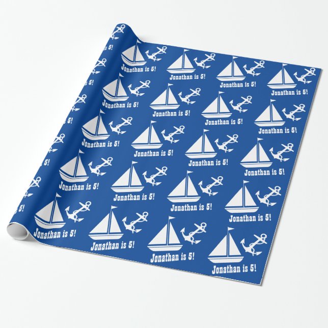 5th Birthday Sailboat and Anchor Nautical Theme A1 Wrapping Paper (Unrolled)
