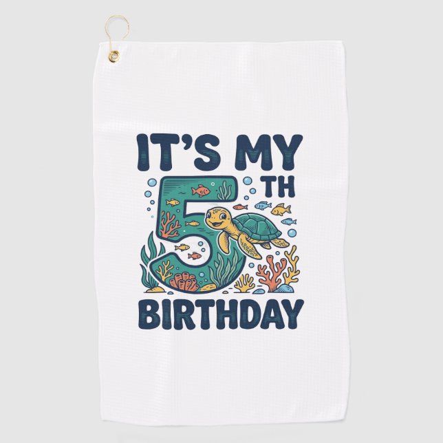 5th Birthday Sea Turtle Underwater Vector Design_1 Golf Towel (Front)