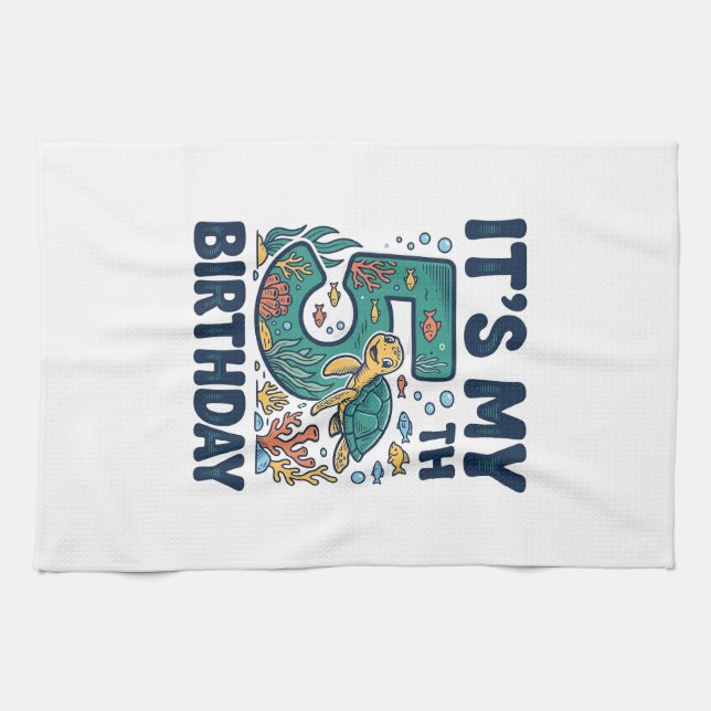 5th Birthday Sea Turtle Underwater Vector Design_1 Kitchen Towel (Horizontal)