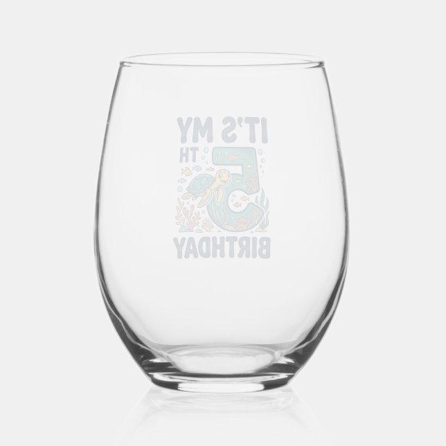 5th Birthday Sea Turtle Underwater Vector Design_1 Stemless Wine Glass (Front)