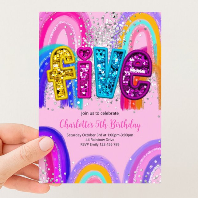 5th Birthday Sequin Rainbow Party Invitation (Creator Uploaded)