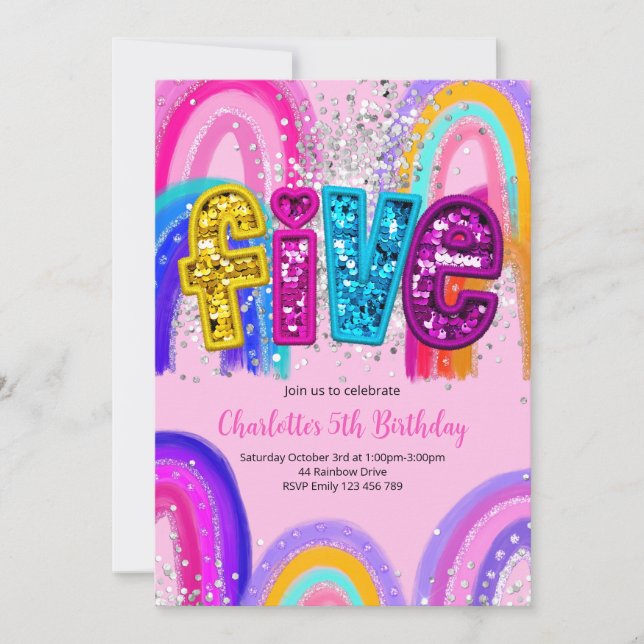 5th Birthday Sequin Rainbow Party Invitation (Devant)