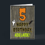 5th Birthday: Spooky Halloween Theme   Custom Name Card<br><div class="desc">The front of this scary and spooky Hallowe'en birthday themed greeting card design features a large number "5". It also features the message "HAPPY BIRTHDAY, ", plus a customizable name. There are also depictions of a bat and a ghost on the front. The inside features a personalized birthday greeting message,...</div>
