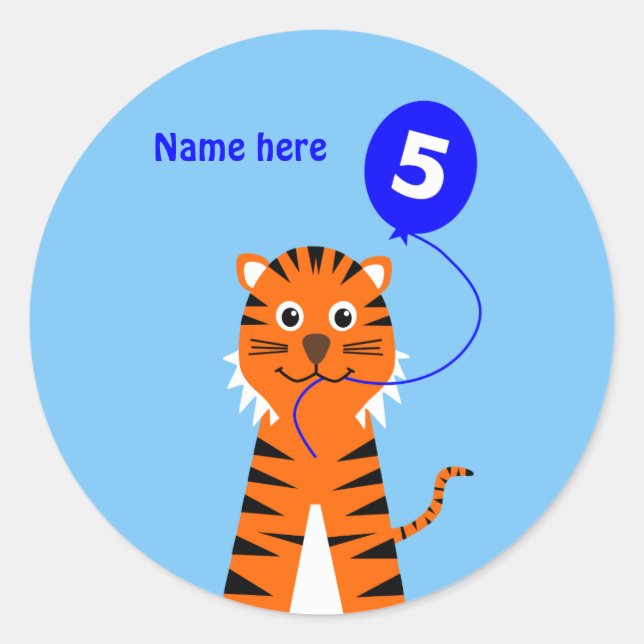 5th birthday tiger add name blue classic round sticker (Front)