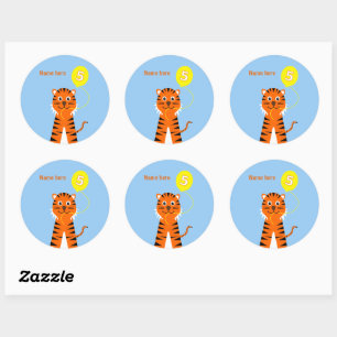 5th birthday tiger add name blue orange classic round sticker