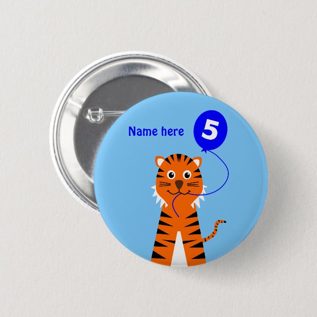 5th birthday tiger add name cute blue 2 inch round button (Front & Back)